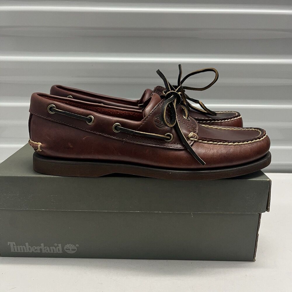 TIMBERLAND MEN CLASSIC 2 EYE ROOT BEER SHOE BROWN FULL GRAIN BOAT SHOE SZ 8.5 M